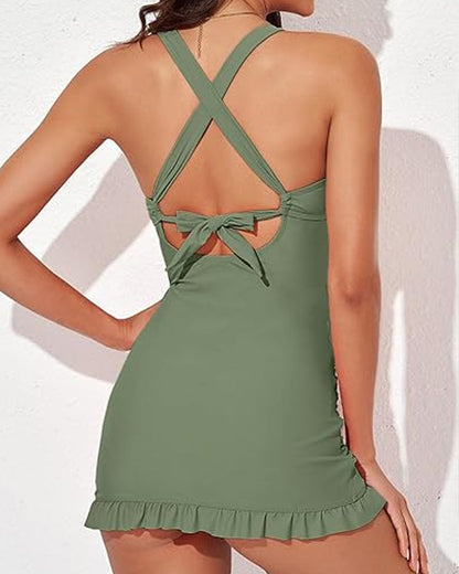 Traje de baño de una pieza para mujer con escote en V, control de abdomen, espalda descubierta y falda, con conjunto de pantalones cortos para nadar
