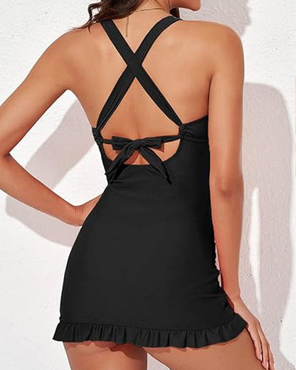 Traje de baño de una pieza para mujer con escote en V, control de abdomen, espalda descubierta y falda, con conjunto de pantalones cortos para nadar