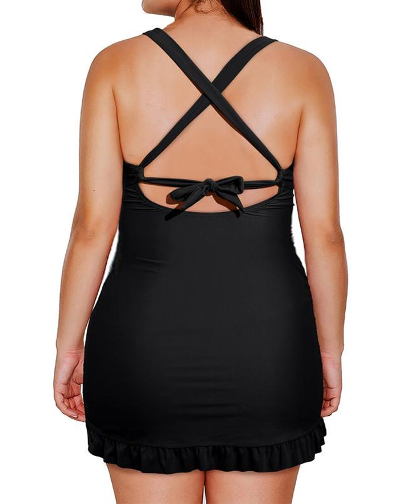 Traje de baño de una pieza para mujer con escote en V, control de abdomen, espalda descubierta y falda, con conjunto de pantalones cortos para nadar