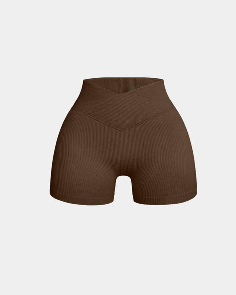 Shorts deportivos de yoga ajustados de cintura alta y canalé en color sólido