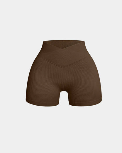 Shorts deportivos de yoga ajustados de cintura alta y canalé en color sólido