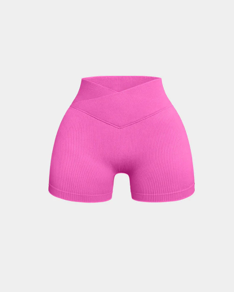 Shorts deportivos de yoga ajustados de cintura alta y canalé en color sólido