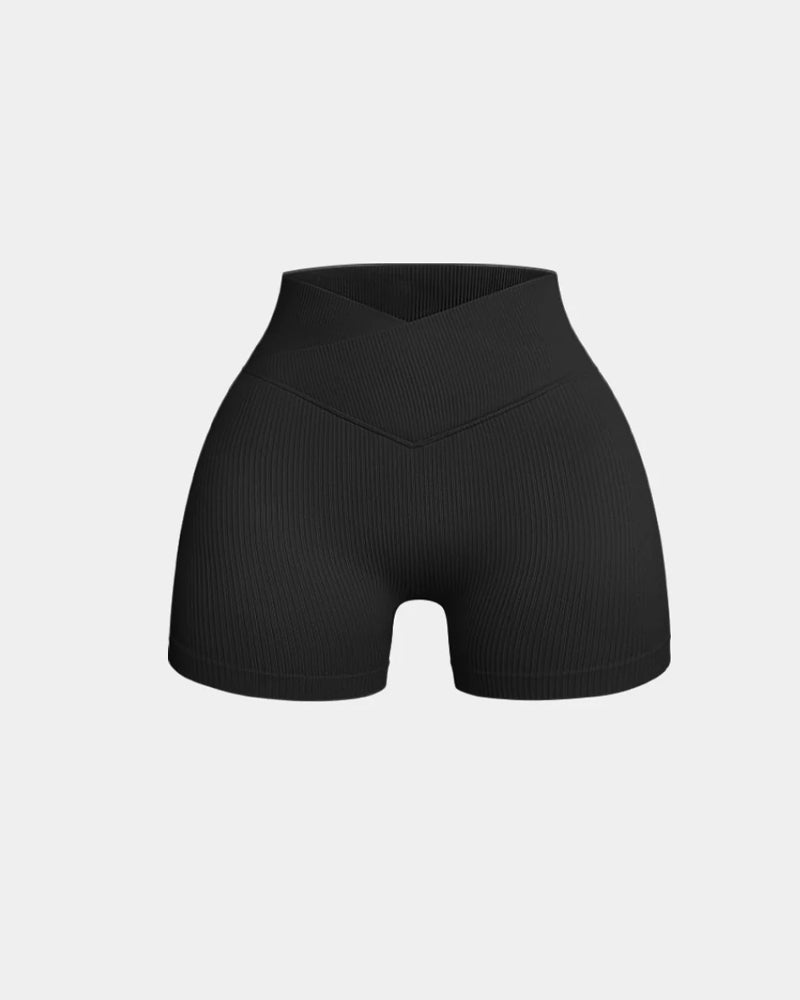 Shorts deportivos de yoga ajustados de cintura alta y canalé en color sólido