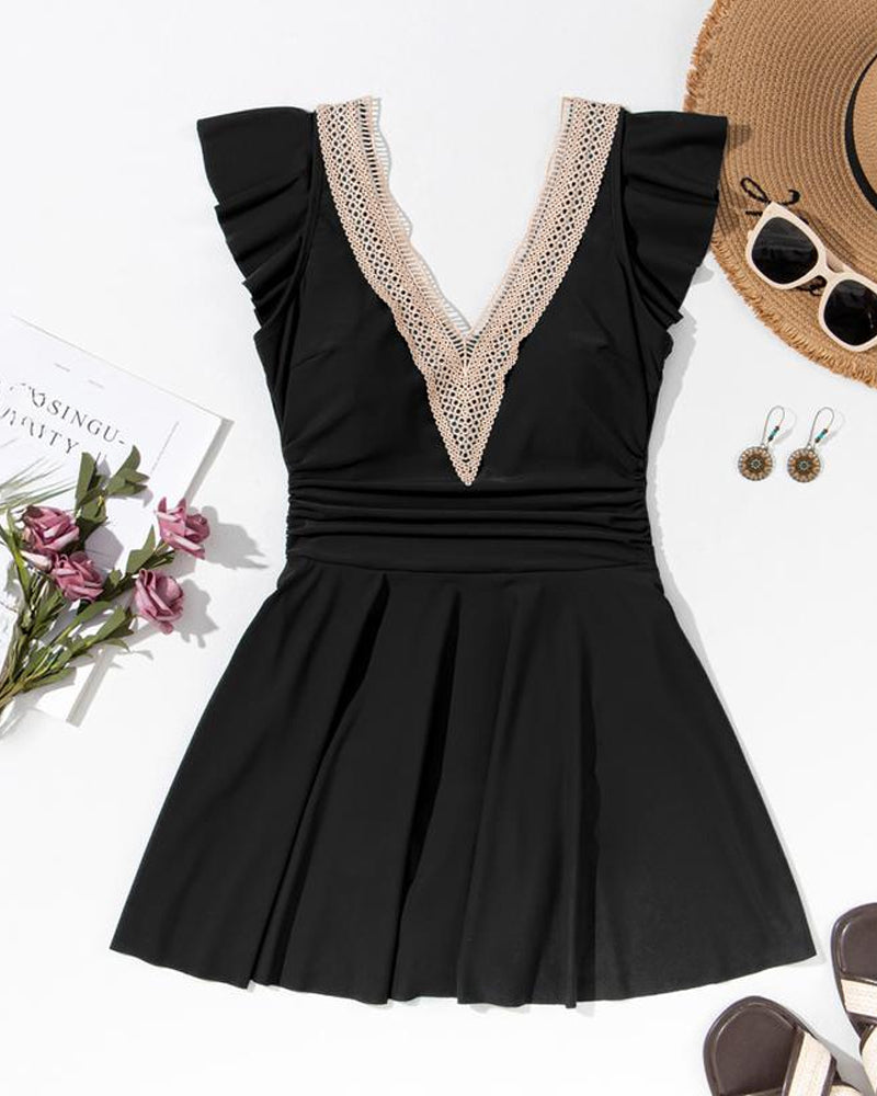 Traje de baño de una pieza para mujer con escote en V profundo, mangas de loto y falda, control de abdomen