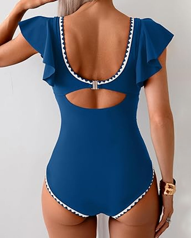 Traje de baño de una pieza con control de abdomen, manga corta con volantes y escote en V profundo estampado