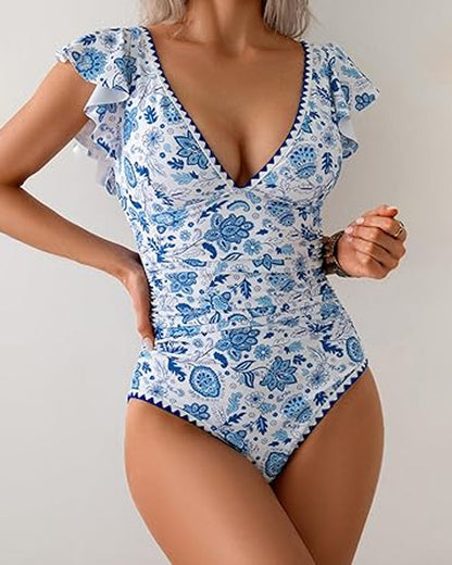 Traje de baño de una pieza con control de abdomen, manga corta con volantes y escote en V profundo estampado