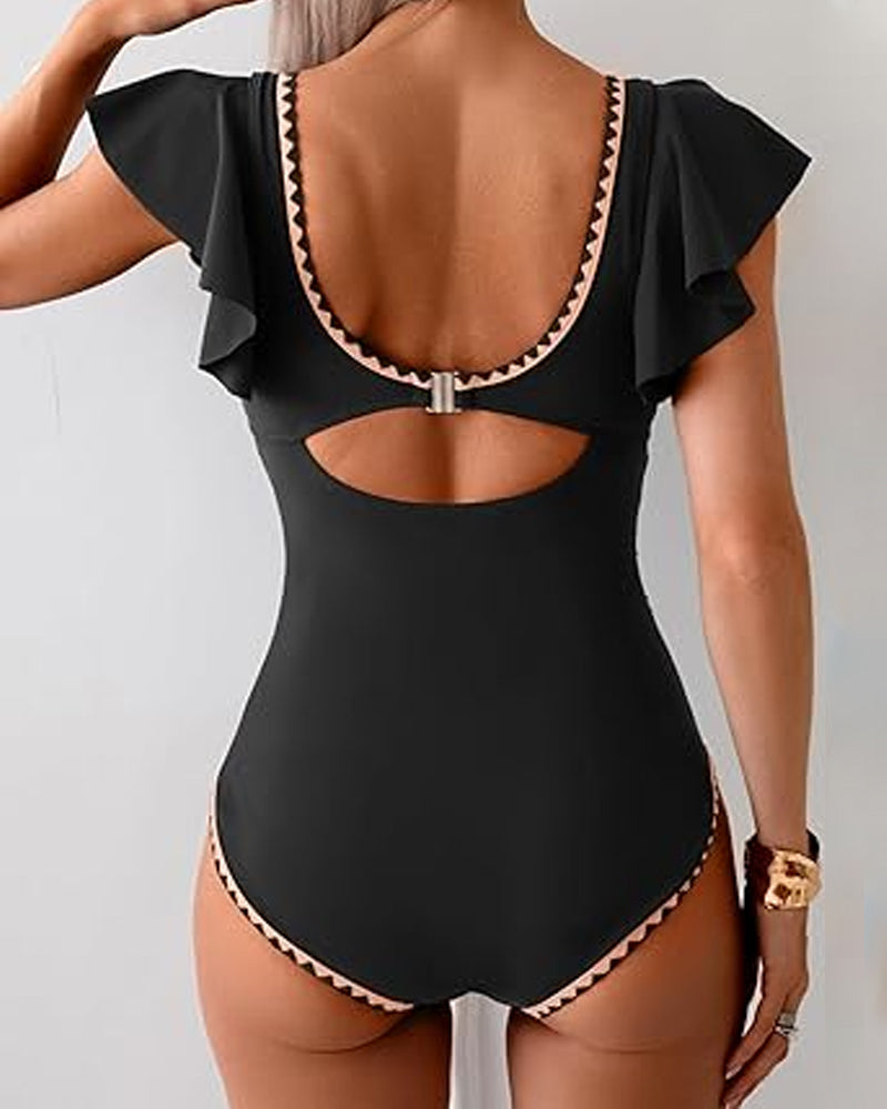 Traje de baño de una pieza con control de abdomen, manga corta con volantes y escote en V profundo estampado