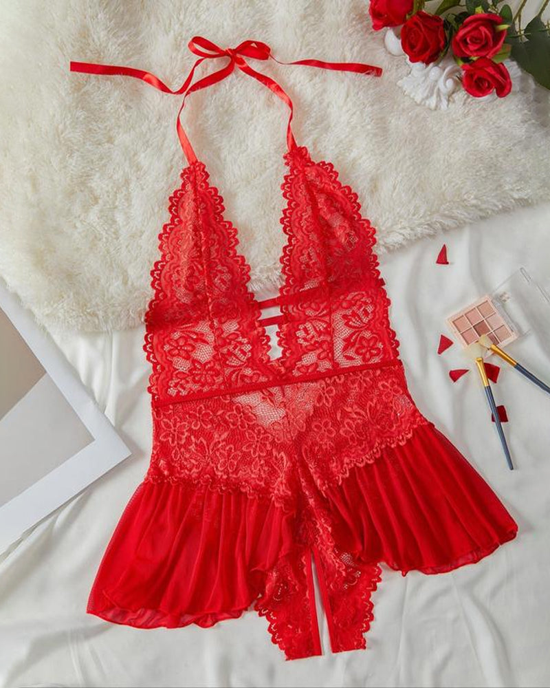 Pijamas de encaje de color sólido sexy para mujer