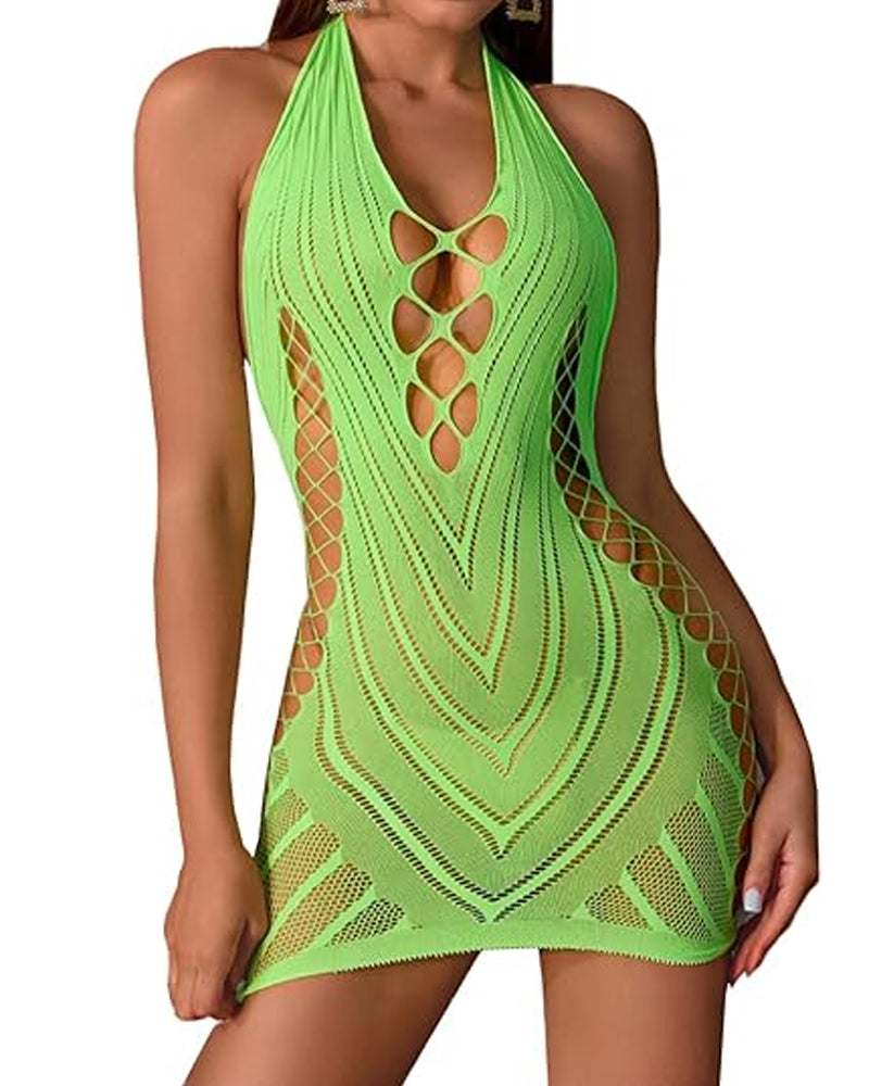 Camisón Sexy de Punto Hueco para Mujer con Escote Profundo en V y Espalda Abierta