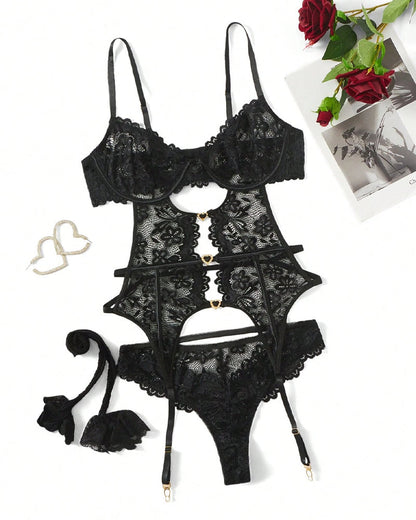 Conjunto de body de malla con encaje floral sexy para mujer con cinturón de ligas y medias de red