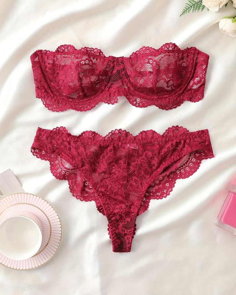 Conjunto de ropa interior femenina sexy de encaje floral, transpirable y cómodo