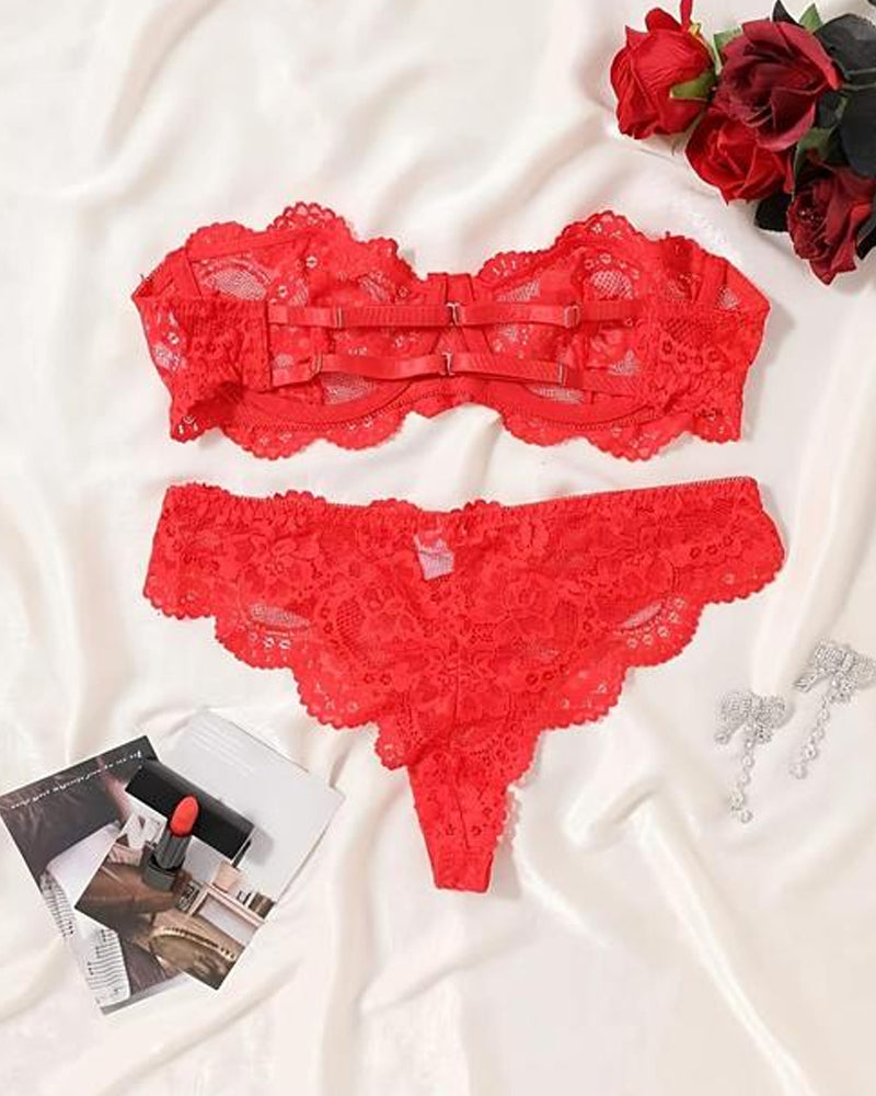 Conjunto de ropa interior femenina sexy de encaje floral, transpirable y cómodo