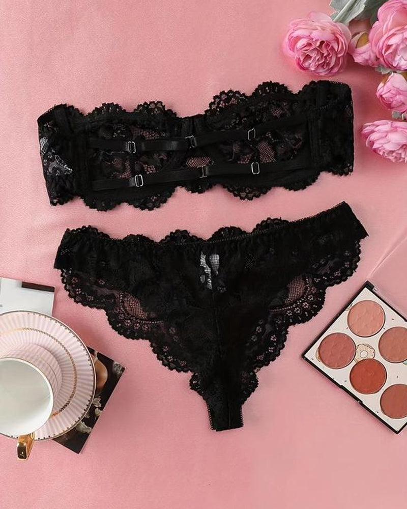 Conjunto de ropa interior femenina sexy de encaje floral, transpirable y cómodo