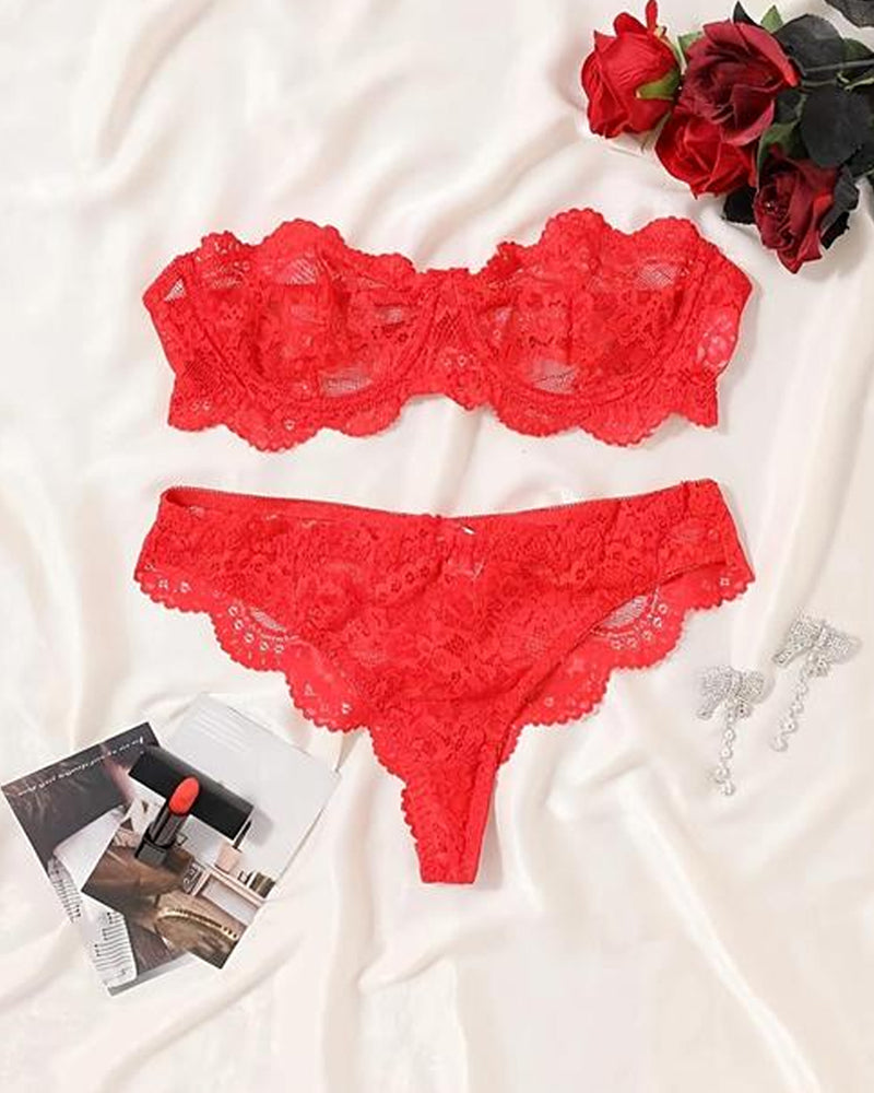 Conjunto de ropa interior femenina sexy de encaje floral, transpirable y cómodo