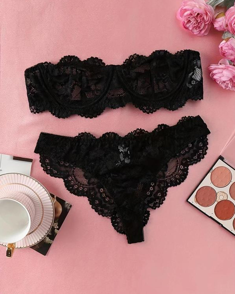 Conjunto de ropa interior femenina sexy de encaje floral, transpirable y cómodo