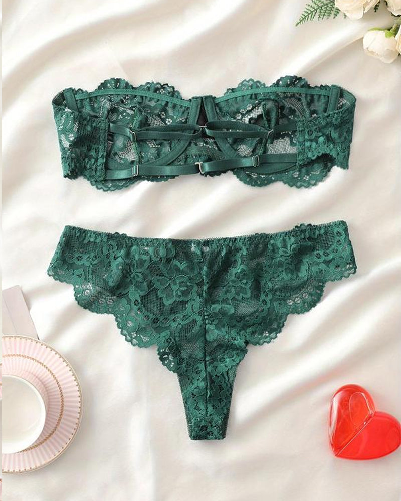 Conjunto de ropa interior femenina sexy de encaje floral, transpirable y cómodo