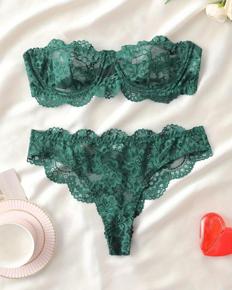 Conjunto de ropa interior femenina sexy de encaje floral, transpirable y cómodo