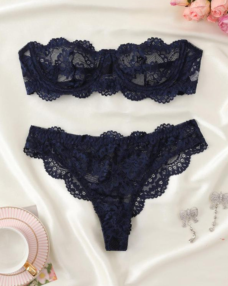 Conjunto de ropa interior femenina sexy de encaje floral, transpirable y cómodo