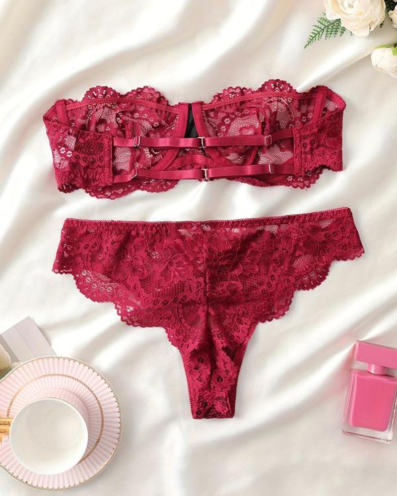 Conjunto de ropa interior femenina sexy de encaje floral, transpirable y cómodo
