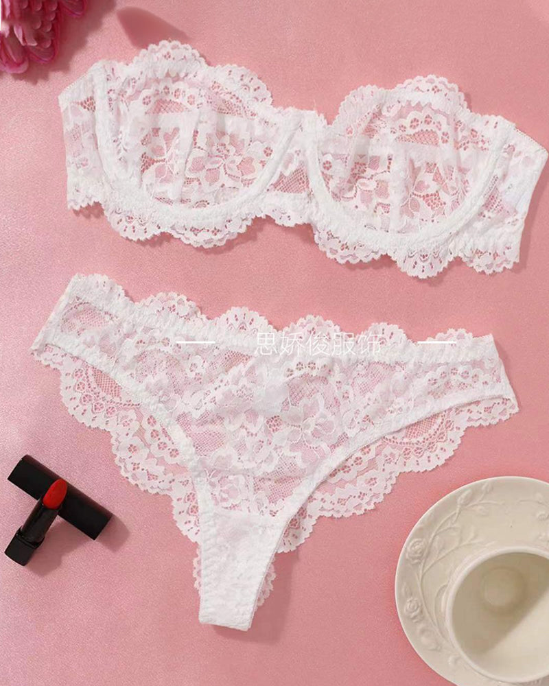 Conjunto de ropa interior femenina sexy de encaje floral, transpirable y cómodo