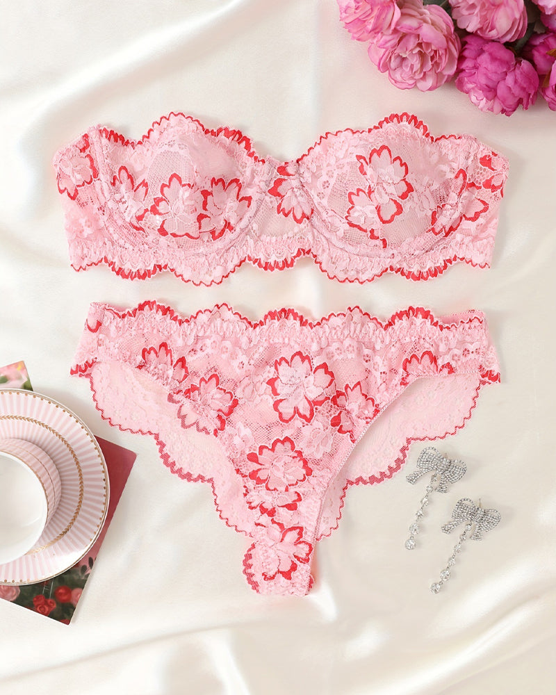 Conjunto de ropa interior femenina sexy de encaje floral, transpirable y cómodo