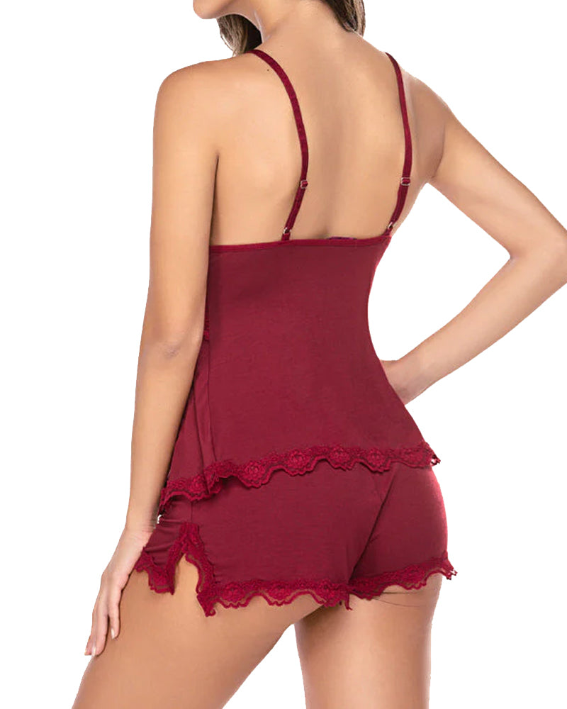 Conjunto de pijama para mujer de camisola con escote en V y shorts de modal con encaje