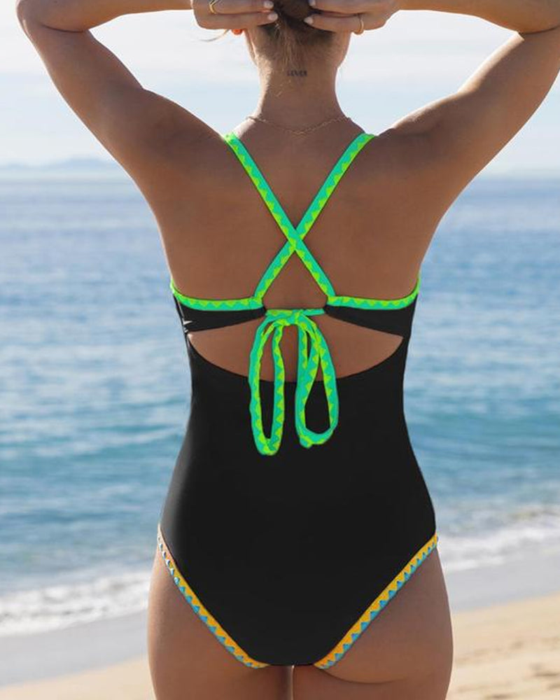 Traje de baño de una pieza sin mangas sexy con tirantes cruzados en color de contraste para mujer