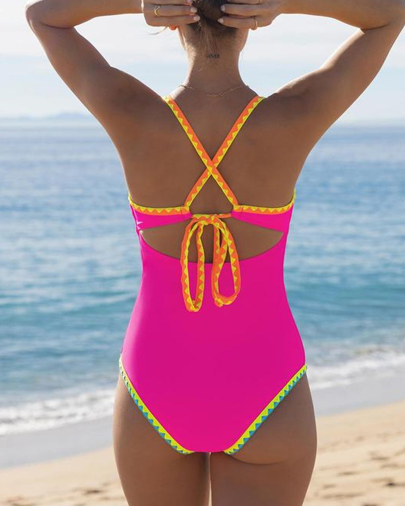 Traje de baño de una pieza sin mangas sexy con tirantes cruzados en color de contraste para mujer