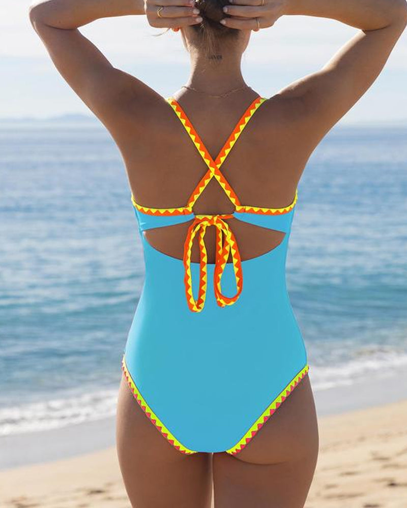 Women's Sexy Sleeveless One-Piece Swimsuit with Contrast Color Crisscross Straps