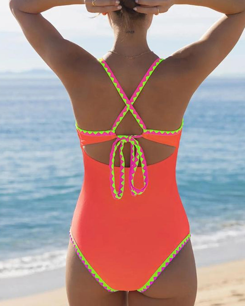 Traje de baño de una pieza sin mangas sexy con tirantes cruzados en color de contraste para mujer