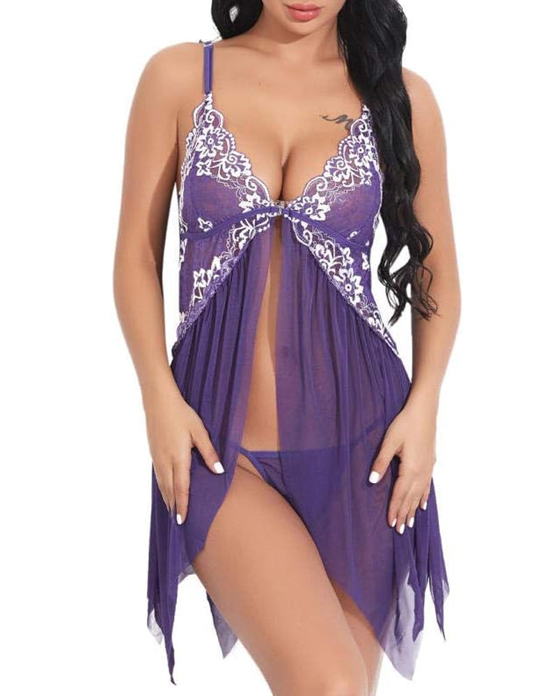 Sexy deep V-neck sheer mesh lace halter neck chemise and thong set with straps, front buttons, and a sheer mesh lace trim.