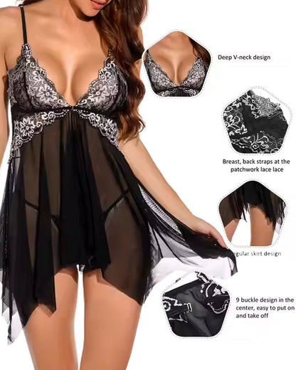 Conjunto de camisón y tanga con tirantes, botones frontales, malla translúcida y encaje sexy con escote en V profundo