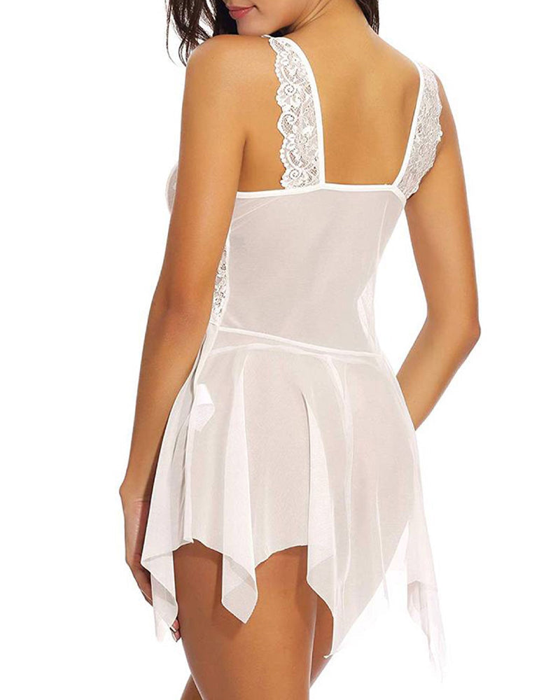 Sexy deep V-neck sheer mesh lace halter neck chemise and thong set with straps, front buttons, and a sheer mesh lace trim.