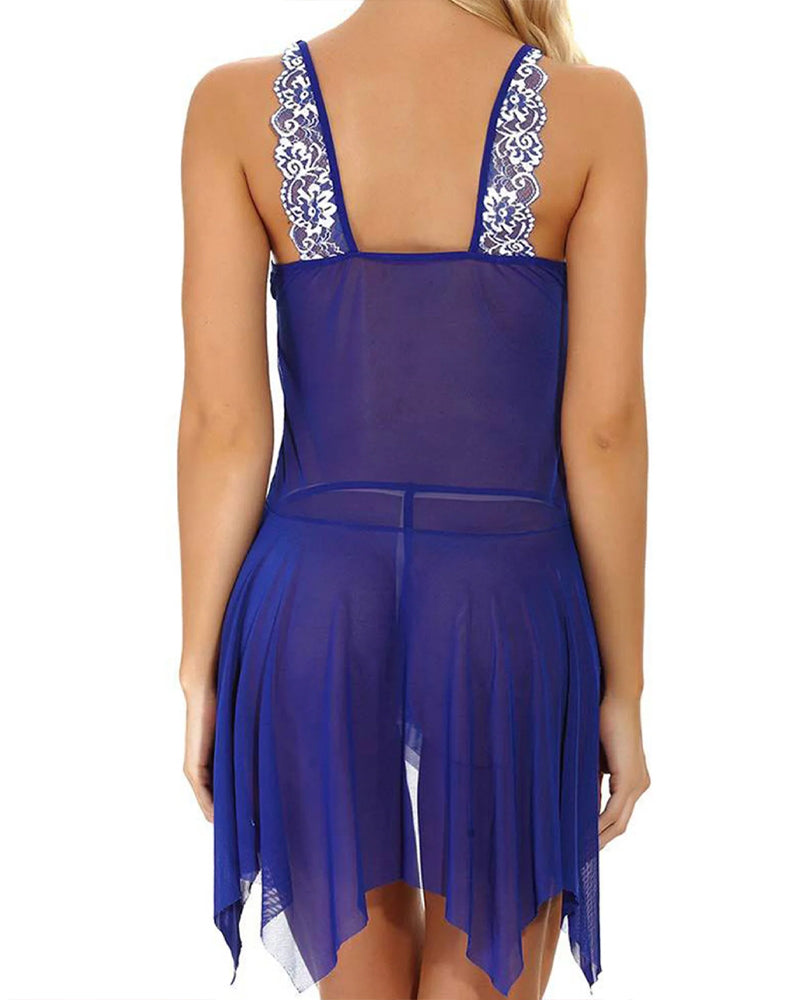 Sexy deep V-neck sheer mesh lace halter neck chemise and thong set with straps, front buttons, and a sheer mesh lace trim.