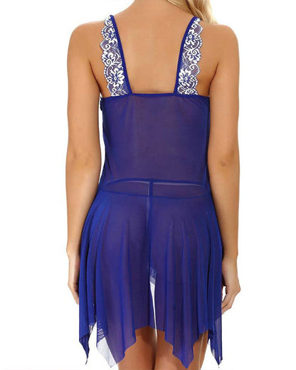 Conjunto de camisón y tanga con tirantes, botones frontales, malla translúcida y encaje sexy con escote en V profundo