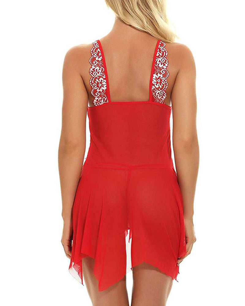 Sexy deep V-neck sheer mesh lace halter neck chemise and thong set with straps, front buttons, and a sheer mesh lace trim.