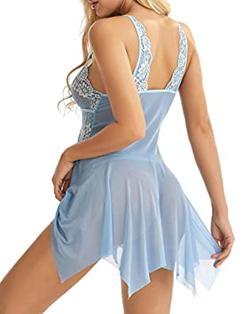 Conjunto de camisón y tanga con tirantes, botones frontales, malla translúcida y encaje sexy con escote en V profundo