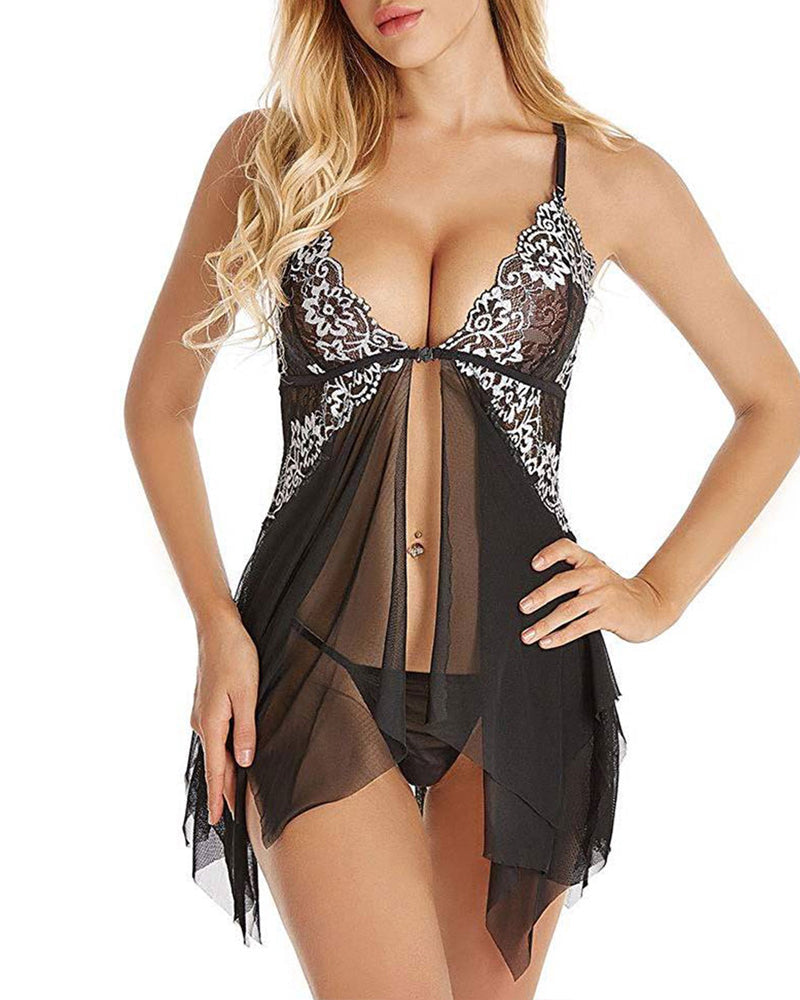 Sexy deep V-neck sheer mesh lace halter neck chemise and thong set with straps, front buttons, and a sheer mesh lace trim.