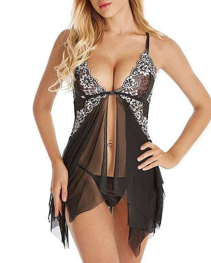 Conjunto de camisón y tanga con tirantes, botones frontales, malla translúcida y encaje sexy con escote en V profundo