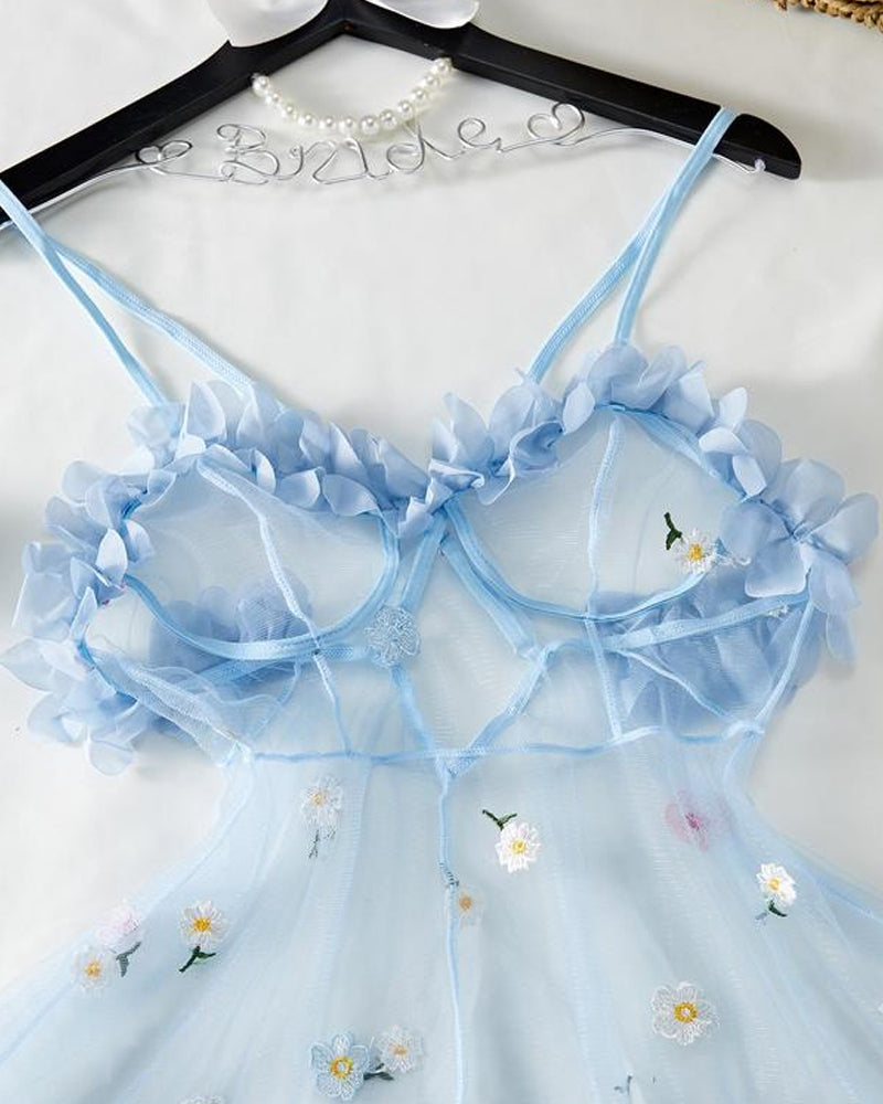 Vestido Sexy de Tirantes con Malla de Encaje Floral 3D Transparente