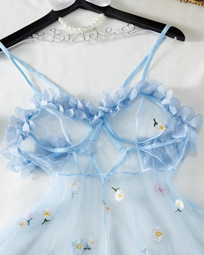 Vestido Sexy de Tirantes con Malla de Encaje Floral 3D Transparente