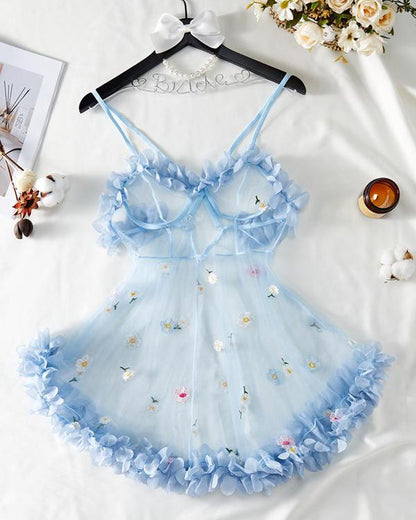Vestido Sexy de Tirantes con Malla de Encaje Floral 3D Transparente