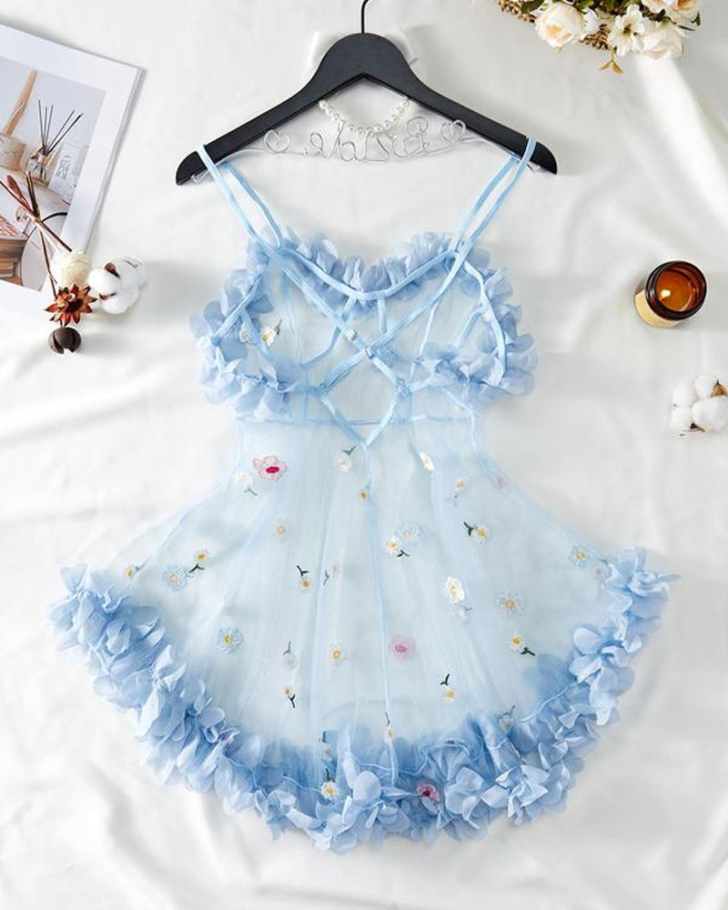 Vestido Sexy de Tirantes con Malla de Encaje Floral 3D Transparente