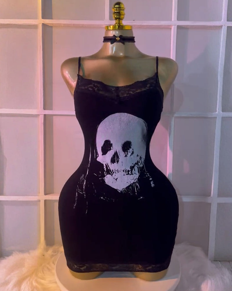 Vestido Sexy de Tirantes con Encaje Calavera Negra