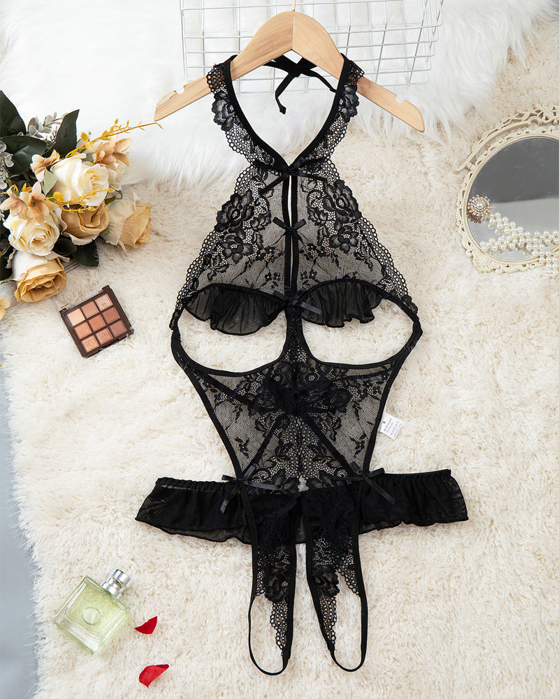 Women's Sexy Backless Sheer Floral Lace Open Crotch Bodysuit