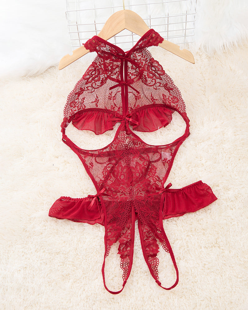 Women's Sexy Backless Sheer Floral Lace Open Crotch Bodysuit