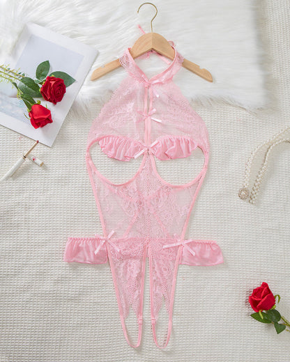 Women's Sexy Backless Sheer Floral Lace Open Crotch Bodysuit
