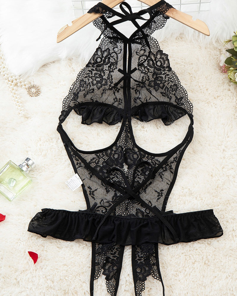 Body de mujer con diseño de entrepierna abierta y encaje floral transparente sin espalda y sexy