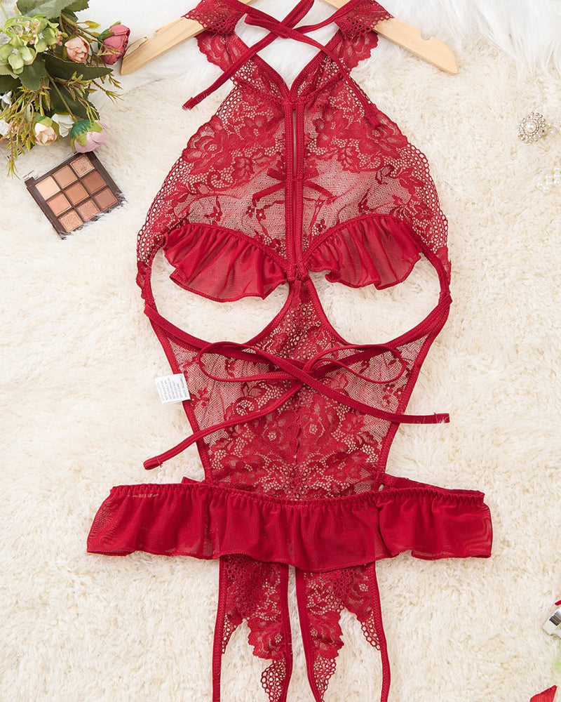 Body de mujer con diseño de entrepierna abierta y encaje floral transparente sin espalda y sexy