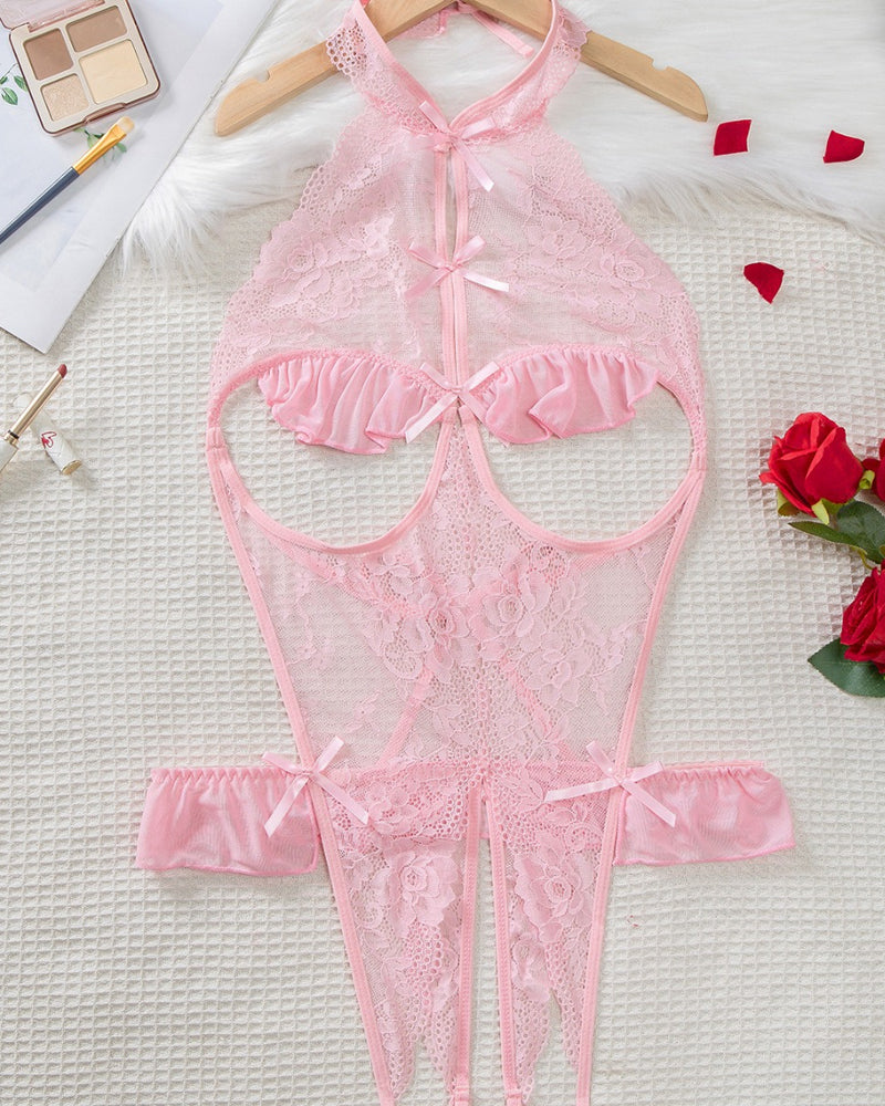 Body de mujer con diseño de entrepierna abierta y encaje floral transparente sin espalda y sexy
